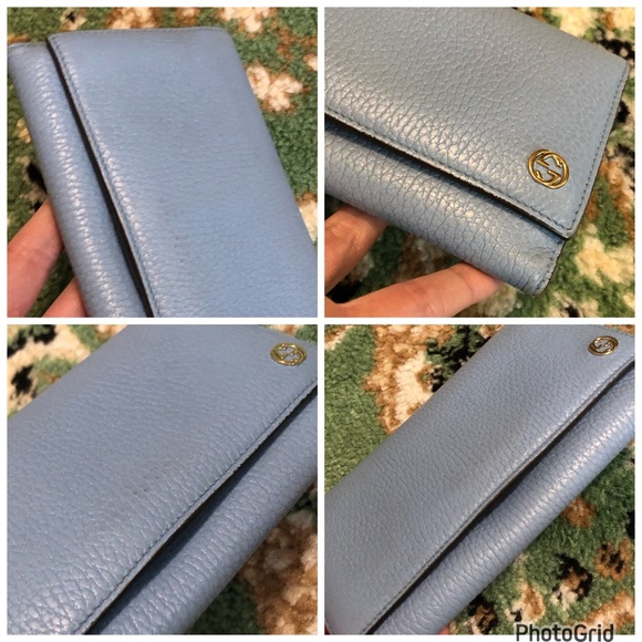 Gucci AUTHENTIC Interlocking G Grained Pebbled Baby Blue Leather GG Long Wallet - Picture 2 of 16